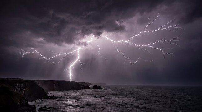 storm energy dynamics, a striking lightning bolt illuminates a stormy sky, crackling with energy