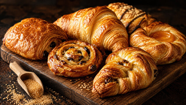 A variety of freshly baked pastries including croissants and rolls displayed on a wooden board with a small wooden scoop filled with grains.