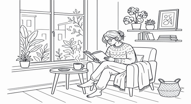 Cozy room interior with a man reading a book in armchair line art design icon vector