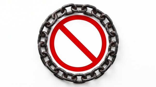A metallic chain forms a circle around a red prohibition symbol on a white.