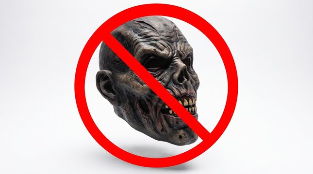 Zombie head mask with a red prohibition symbol warns against horror or scary.