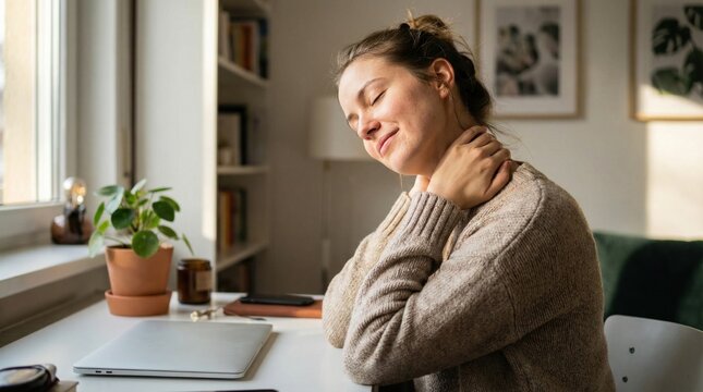A woman is seated at her desk in a cozy room feeling discomfort in her neck while working in the morning