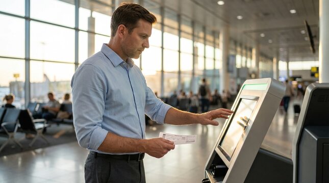 A man stands at an airport kiosk using a touchscreen to check in for his flight while holding his boarding pass