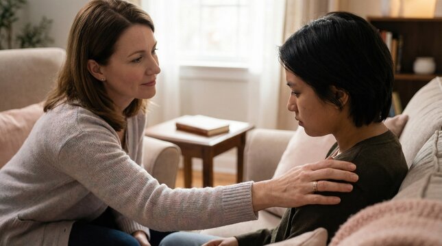 One woman offers support to another in a cozy living room. They sit close together on a couch sharing a moment of connection