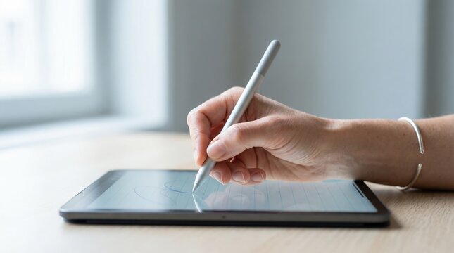 A hand holds a stylus pen and draws on the screen of a tablet while sitting at a table by a window