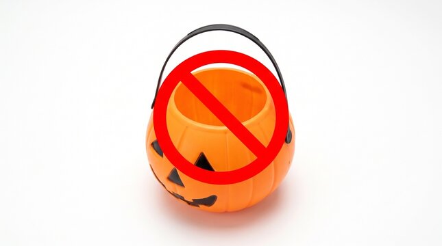 Halloween trick-or-treat bucket with a red prohibition sign means no candy.