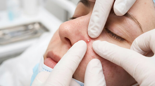 Fingers squeezing pimple on facial skin close-up face