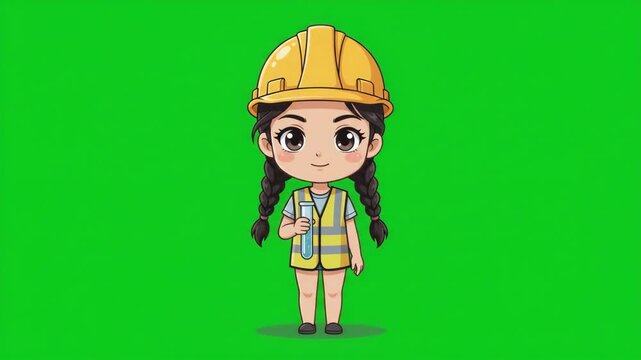 Cute cartoon character of a female construction worker wearing a hard hat and safety vest on a green screen background.