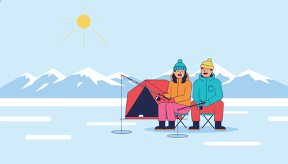 Fototapeta premium Couple sits inside a red tent while ice fishing on a frozen lake with snowy mountain peaks in the background during winter.