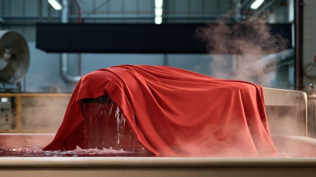 Rich red fabric emerging from dye bath in industrial textile factory