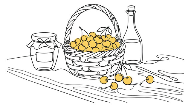Continuous line art of a wicker basket filled with yellow cherries and a glass jar.