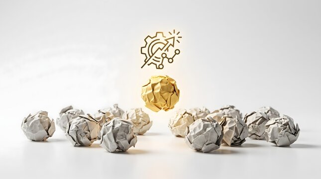 Golden Paper Ball Floating with Rising Gear Graph Icon Representing Process Optimization and Business Growth Strategy