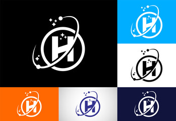 Letter H space planet logo vector design with planetary rings and star element. © BakiBullah