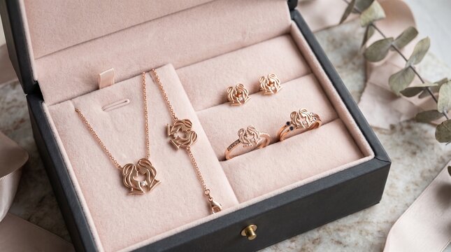 Rose gold Gemini twins jewelry set featuring a necklace, bracelet, two rings, and stud earrings in a box