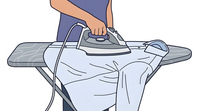Cartoon Woman Ironing Clothes on Board, Domestic Chores, Housework Cleaning, Household Tasks, Laundry Service, Daily Routine, Vector Illustration