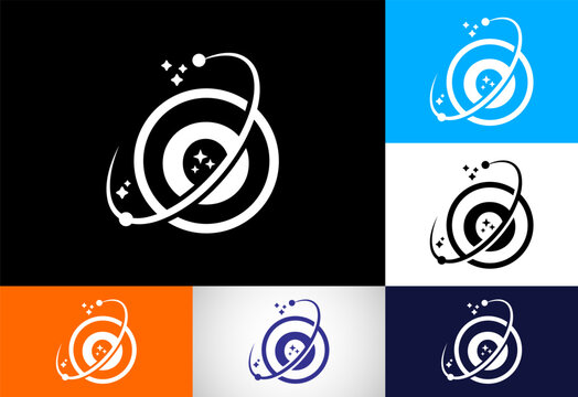 Abstract eye planet logo template featuring cosmic orbit stars in multiple colors.