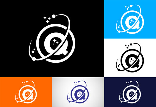 Letter Q space orbit logo design set in multiple color schemes.