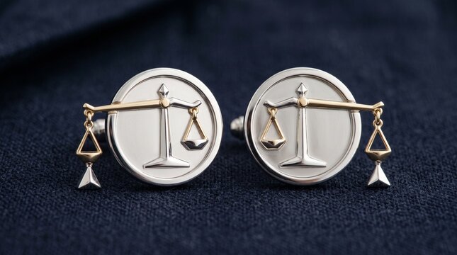 Pair of silver and gold Libra scales cufflinks set on a textured navy blue suit fabric background