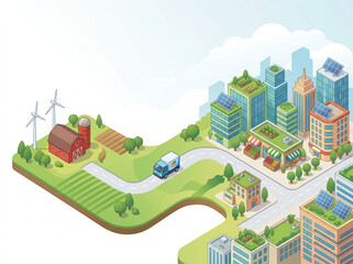 Fototapeta premium Local farm to city food supply chain network concept illustration