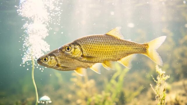 two golden shiner fish underwater close up in great lakes north america morning light video