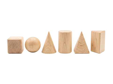 Wooden geometric shapes 3D solids in a row isolated on white background for math, geometry, and education design concept.