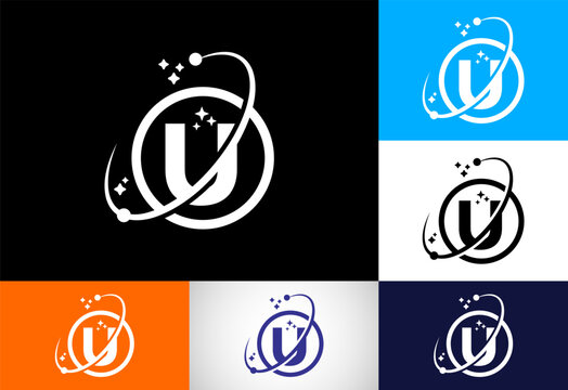 Letter u space orbit logo template set in various color options for branding.