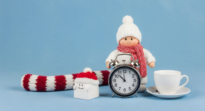 Winter Morning Concept with Alarm Clock Coffee Cup and Cute Doll Figure