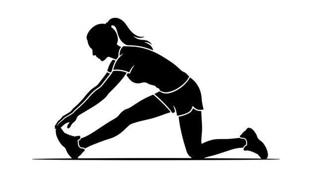 Black silhouette of a woman stretching her legs before a workout, fitness and healthy lifestyle concept