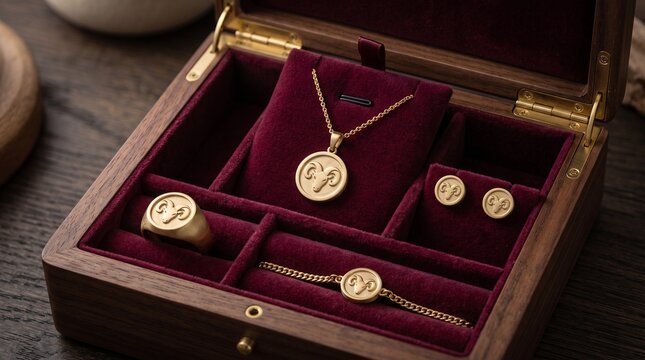 Matching gold Aries zodiac jewelry set featuring a necklace, ring, bracelet, and stud earrings in a box
