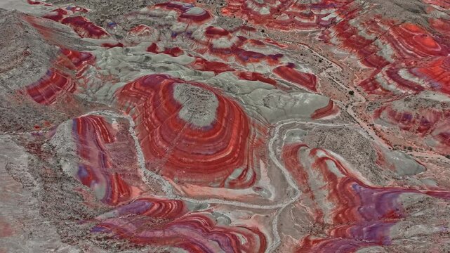 Aerial view of colorful Bentonite Hills at blue hour in Utah