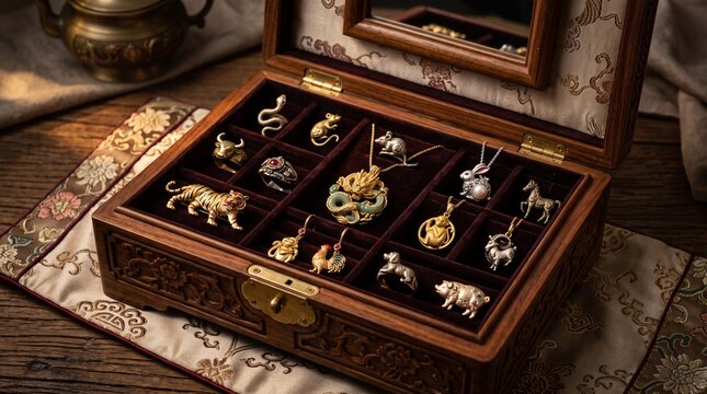 Open wooden jewelry box filled with a set of Chinese Zodiac animal rings, brooches, and pendants