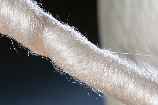Extreme macro of white yarn under tension with soft lighting and textured fibers