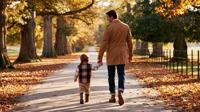 Father holding small child hand while walking down autumn tree lined path