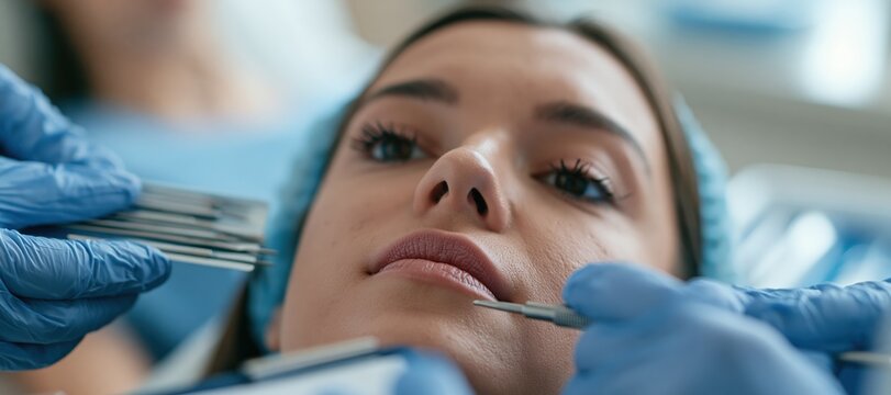 Gloved practitioner arranging sterile cosmetic instruments near patient during consultation