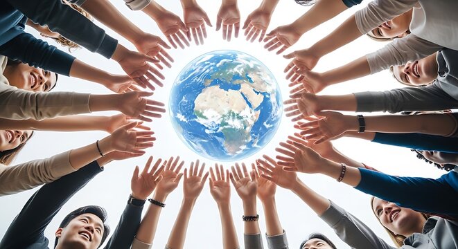 Diverse group of people joining hands around the earth