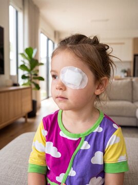 Thoughtful Young Girl Wearing an Eye Patch at Home