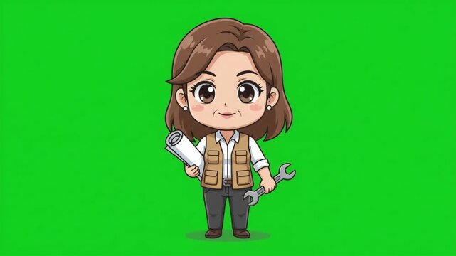 Cute cartoon character of a female engineer or mechanic holding a blueprint and a wrench on a green screen background.