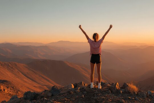 Successful hiker with raised arms standing on rocky mountain peak at golden hour mountain adventure landscape achievement happiness backlight exploration inspired empowerment