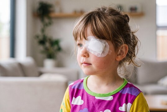 Thoughtful Young Child Wearing an Eye Patch at Home