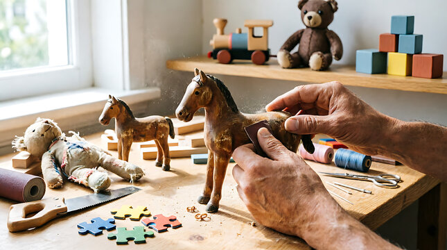 Man Working on the Floor with a Pair of Shoes Near a Cute Brown Puppy and Farm Animals in a Rustic Outdoor Setting