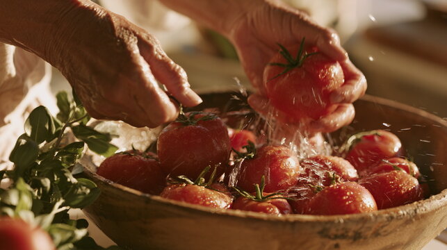 Fresh red tomatoes are washed by hand with herbs and clear water, creating a bright rustic kitchen scene focused on clean, healthy farm produce.