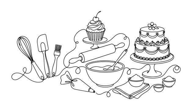 Continuous line art drawing of baking tools and desserts featuring a tiered cake cupcake whisk and rolling pin