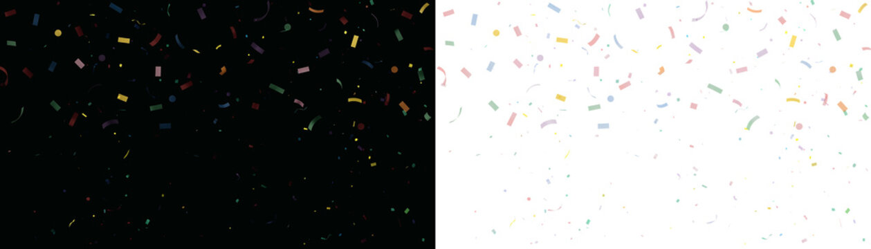 Colorful confetti falling down on black and transparent backgrounds