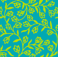 Close-up of Bright Green Leaf Pattern on Blue Background for Design © Wolfworker