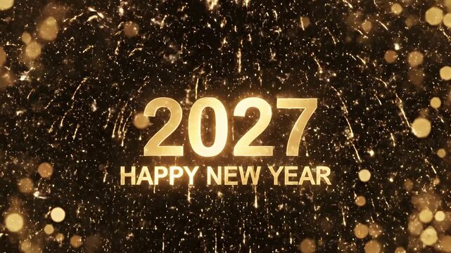 2027 HAPPY NEW YEAR text forming inside a bursting golden firework explosion with shimmering bokeh particles (4k resolution), for festive video openers