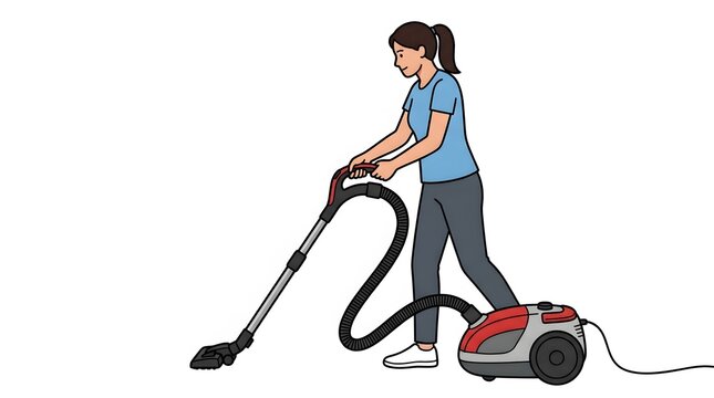 Cartoon woman using vacuum cleaner, cleaning vector illustration of maid dusting floor with cleaner, domestic staff working, housekeeping service concept, housework activity, cleaning lady