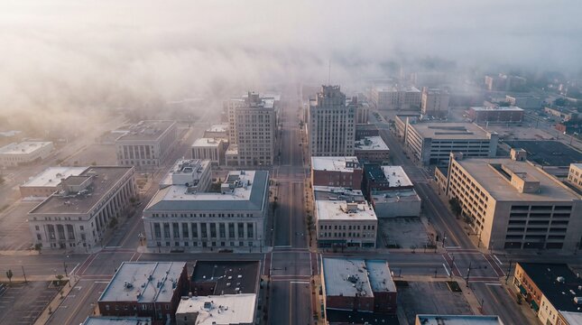 urban aerial views, a tranquil, fog-covered downtown city grid with geometric streets at dawn