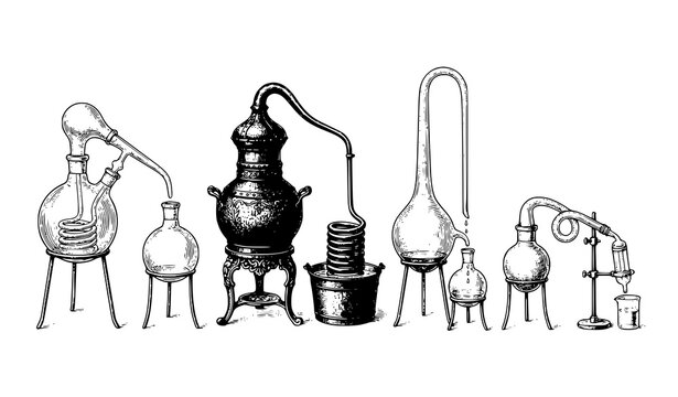 Vintage Alchemy Alembic Distillation Apparatus Antique Black White Vector Illustration