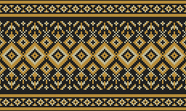 Seamless black and gold cross stitch pattern with geometric diamonds and traditional ethnic folk ornaments.