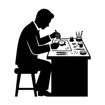 Silhouette of a professional watchmaker meticulously repairing a mechanical watch at a workbench with tools